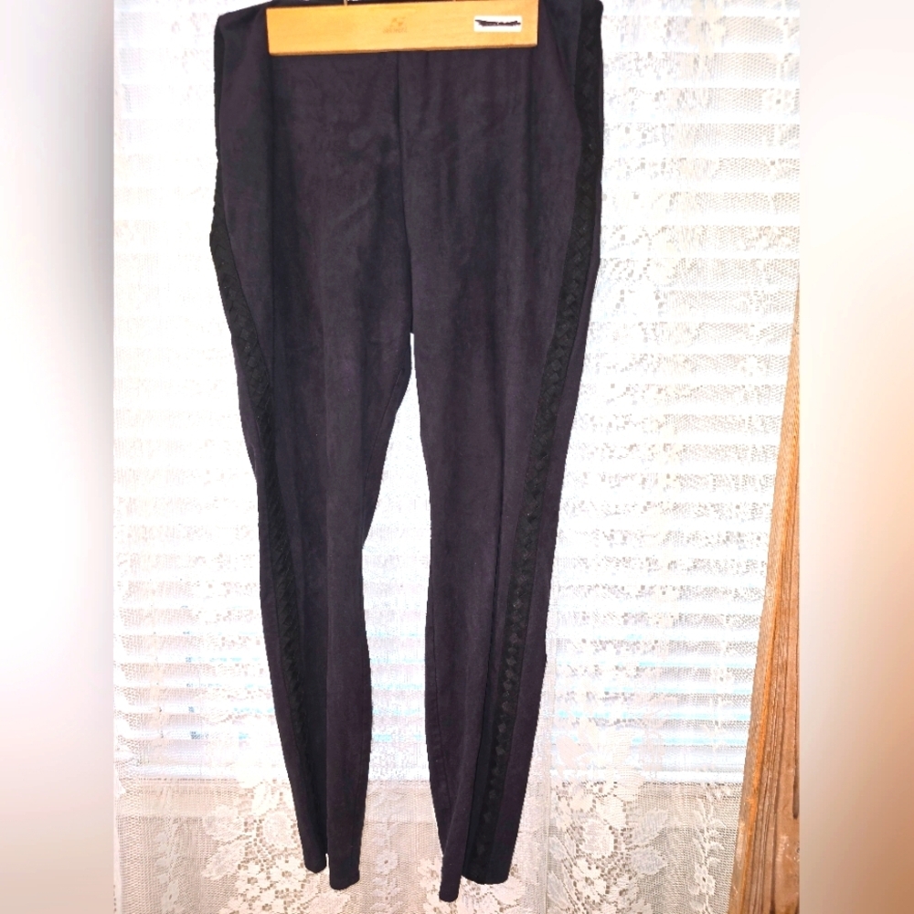 Lysse' Black Higg Waisted Suede Womens Leggings, Large Black Legging Pants